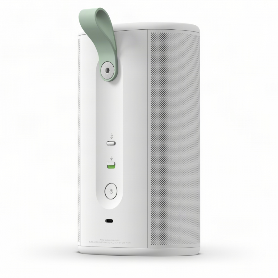 37129_5-900x900 | Kounio.gr White cylindrical desktop computer with perforated side panel and a mint-green handle on top, front ports visible.
