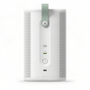 White portable speaker with a green strap hanging from the top, front view showing control panel and ports on a white background.