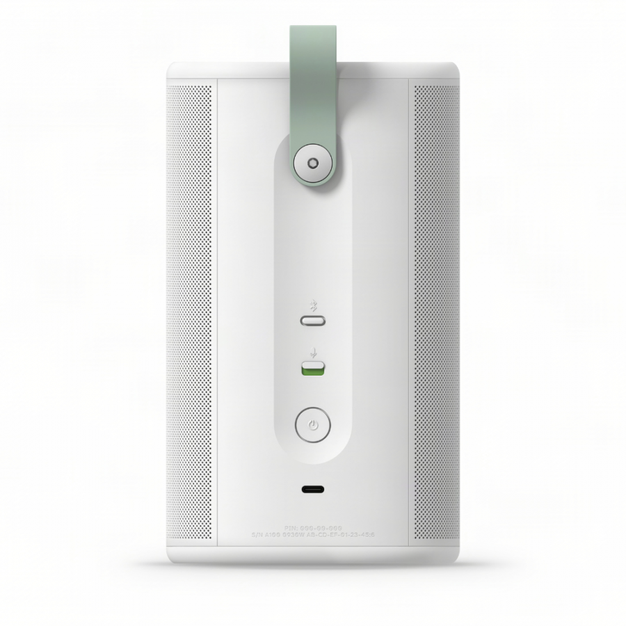 37129_6-900x900 | Kounio.gr White portable speaker with a green strap hanging from the top, front view showing control panel and ports on a white background.