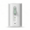 Front view of a white desktop computer tower with perforated side panels and a central vertical control strip including a green power button and ports.