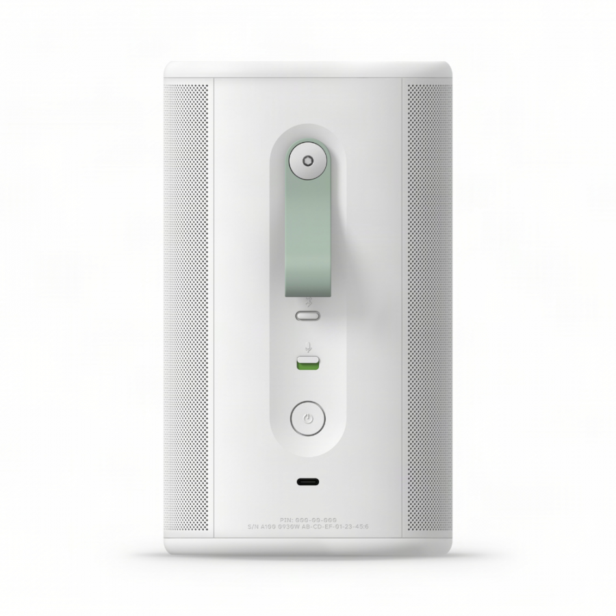37129_7-900x900 | Kounio.gr Front view of a white desktop computer tower with perforated side panels and a central vertical control strip including a green power button and ports.