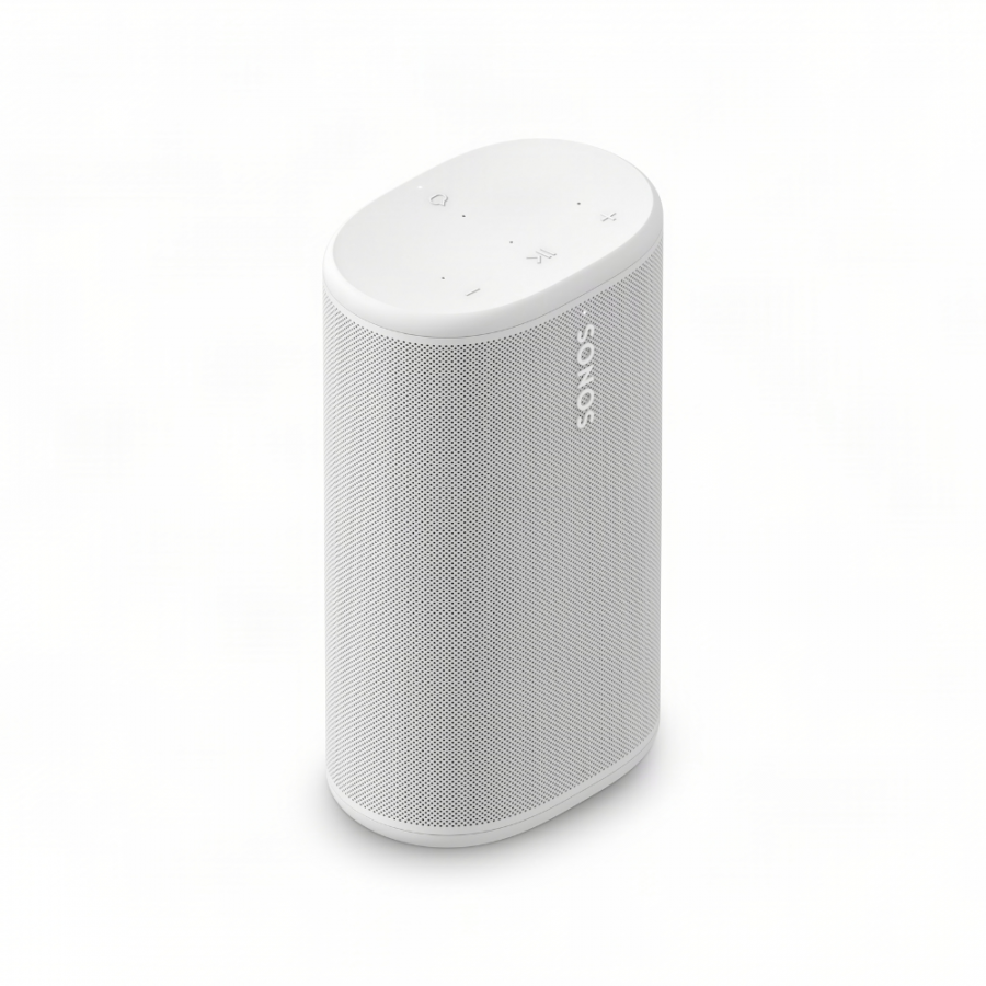 37129_8-900x900 | Kounio.gr White Sonos portable wireless speaker with a rounded top and perforated grille, standing upright on a white background.