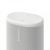 White Sonos wireless speaker with a perforated metal grille and circular top controls (play/pause, volume).