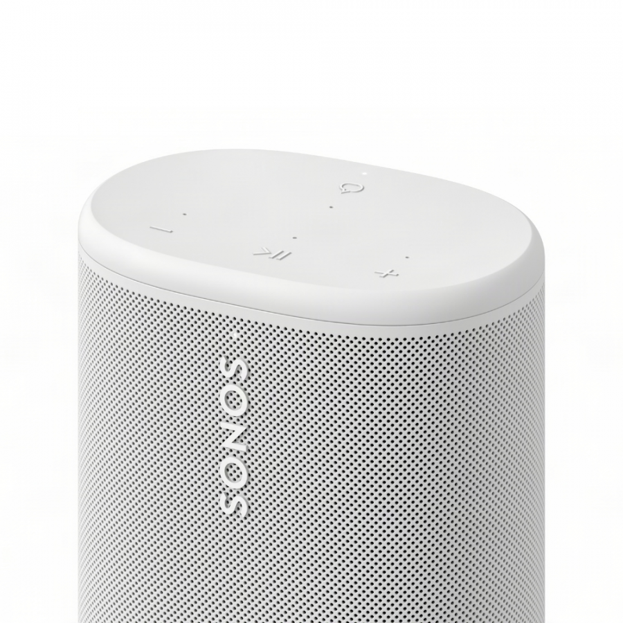 37129_9-900x900 | Kounio.gr White Sonos wireless speaker with a perforated metal grille and circular top controls (play/pause, volume).