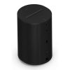 Black cylindrical smart speaker with a perforated mesh exterior and touch controls on top.] ,