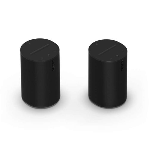Pair of black cylindrical wireless speakers on a white background.