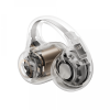 Transparent view of wireless over-ear headphones showing internal circuitry, battery, and drivers.