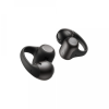 Pair of black wireless earbuds with silicone ear tips and charging contacts on a white background
