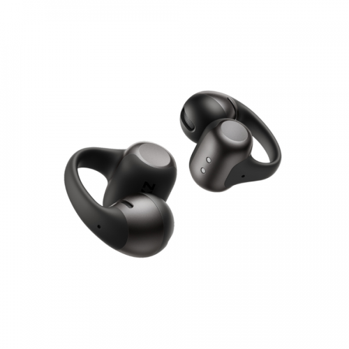 Pair of black wireless earbuds with silicone ear tips and charging contacts on a white background