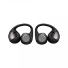 Pair of black wireless in-ear earphones with over-ear hooks and gray circular controls (front view).