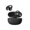 Black true wireless earbuds in an open charging case