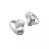 Pair of white and silver true wireless earbuds floating on a white background, showcasing ergonomic design and short ear tips.