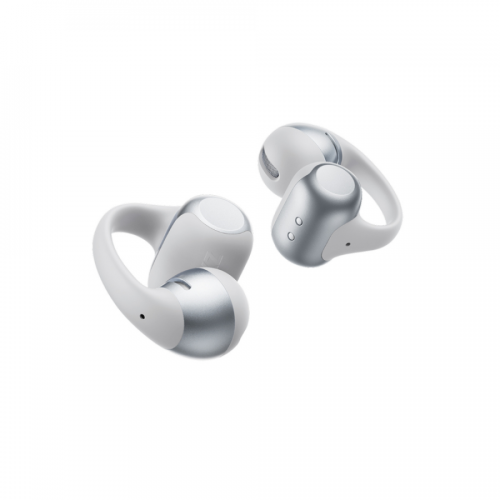 Pair of white and silver true wireless earbuds floating on a white background, showcasing ergonomic design and short ear tips.
