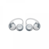 Pair of white and silver wireless earbuds with silicone ear hooks on a white background