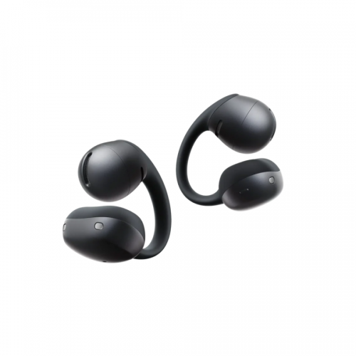 Pair of black true wireless earbuds with winged, ergonomic tips for a secure fit