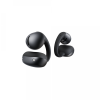 Wireless black earbuds with silicone ear hooks, shown from the side with charging case lid open (product close-up).