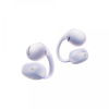 Lavender wireless earbuds with curved ear hooks viewed from the side on a white background