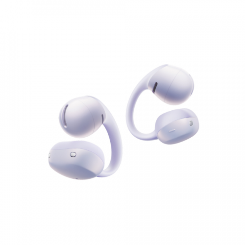 Lavender wireless earbuds with curved ear hooks viewed from the side on a white background