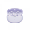 Lavender wireless earbuds in an open charging case against a white background, showcasing the earbuds' curved design and case lid.