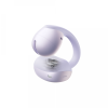 Purple wireless earbud with a transparent charging case opened to reveal internal circuitry.