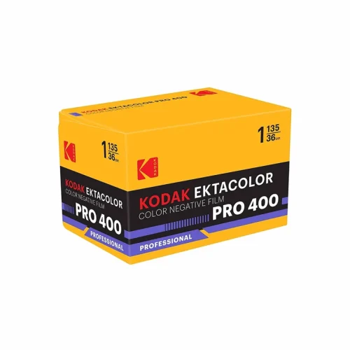 Yellow Kodak Ektacolor Pro 400 color negative film box with black label and purple accents.