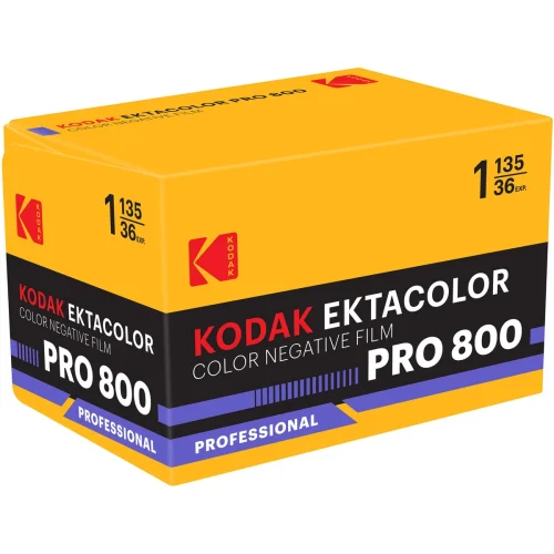 Kodak Ektacolor Pro 800 color negative film box, yellow top with black label and purple accents.