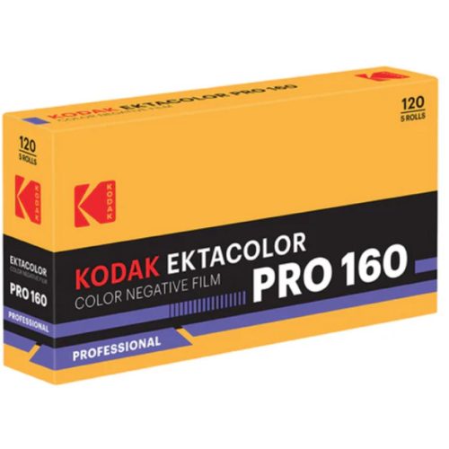 Kodak Ektacolor Pro 160 color negative film box with yellow and black design, shows 120 5 rolls on the sides and front logo.