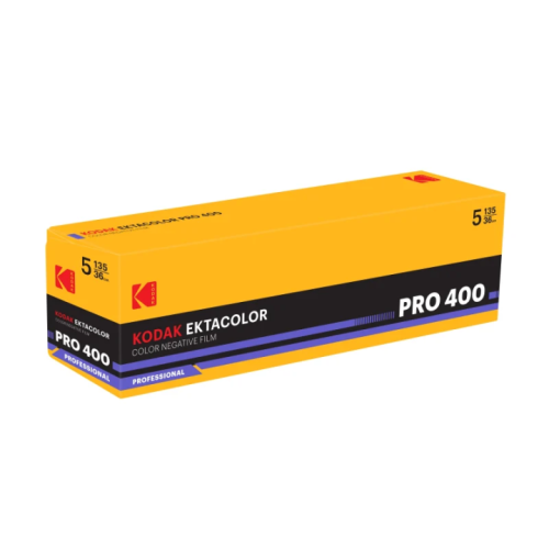 Kodak Ektacolor Pro 400 color negative film box in yellow with a black and blue stripe design (135 format).","Yellow Kodak Ektacolor Pro 400 color negative film box with black stripe and blue accents, for 135 film.","Kodak Ektacolor Pro 400 color negative film box (professional 135 format) with bold yellow packaging.