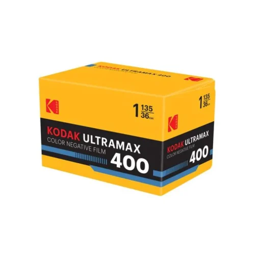 Box of Kodak Ultramax 400 color negative film with yellow packaging and black label band