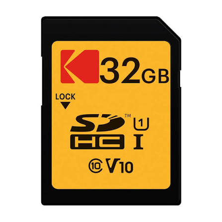 SD memory card with 32GB capacity, yellow label and black border, showing class 10 and UHS-I markings.