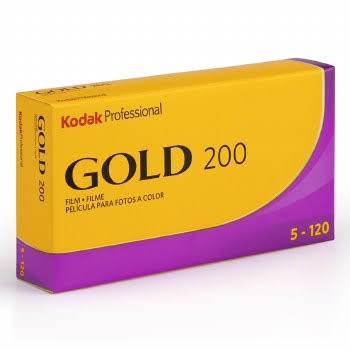 Kodak Gold 200 color film box (yellow and purple) with 5–120 exposures, labeled Kodak Professional Gold 200.