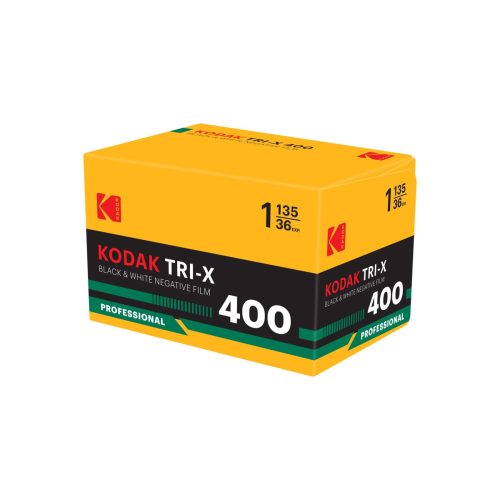 Kodak Tri-X 400 black & white negative film box, yellow and black with green accent, labeled Professional 135-36 exposure kit