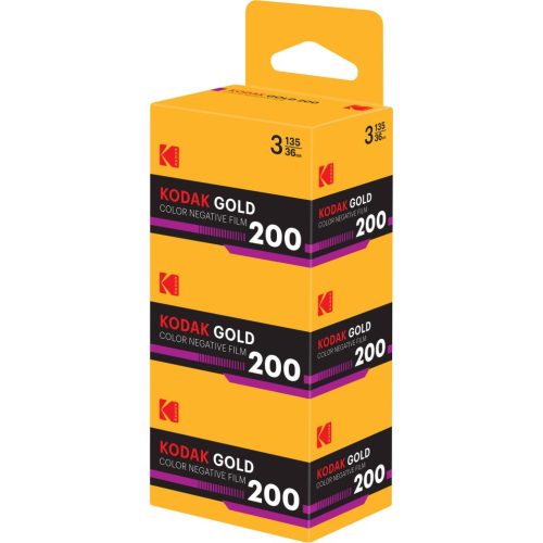 Stack of Kodak Gold 200 color negative film boxes in yellow and black packaging, arranged in a tall column.
