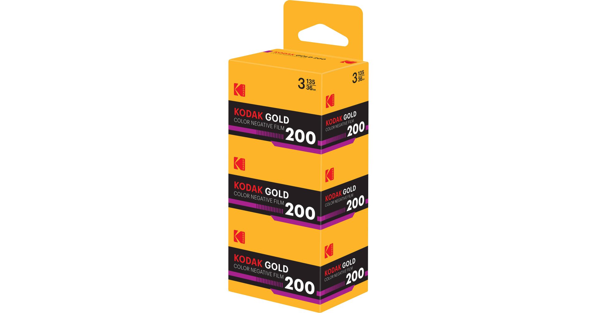 Stack of Kodak Gold 200 color negative film boxes in yellow and black packaging, arranged in a tall column.