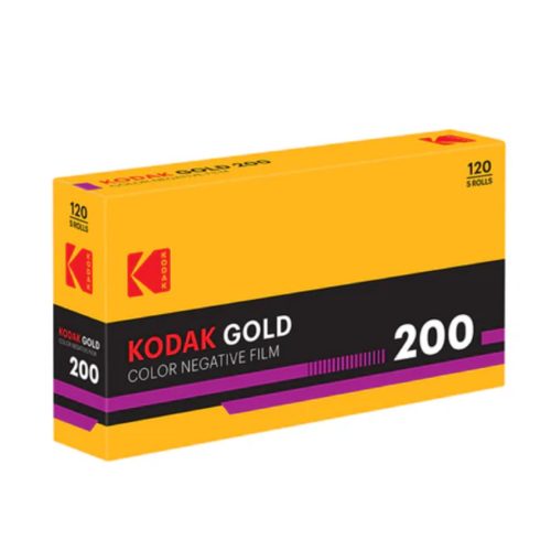 Kodak Gold 200 color negative film box with a yellow top and black bottom design, showing '200' on the side.