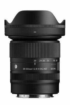 Sigma 20-60mm f/2.8-4 DG lens with lens hood, front view.