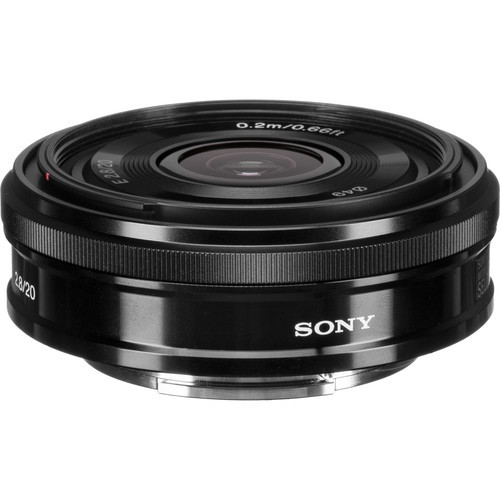 Sony camera lens, black with metal mount, front element visible