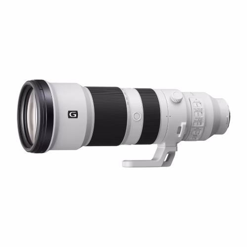 White professional telephoto camera lens with black zoom rings and a tripod foot visible underneath