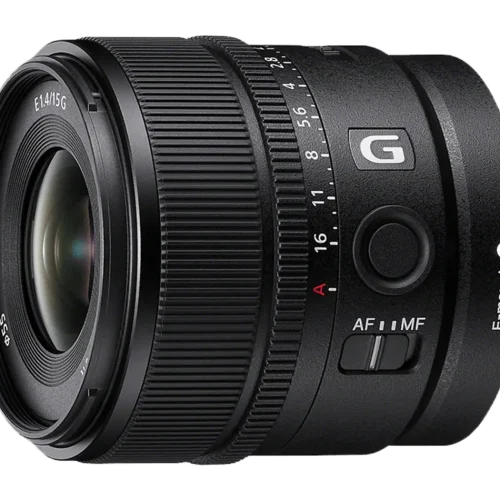 Black camera lens with G branding, AF/MF switch, focus ring, and E-mount indicator.