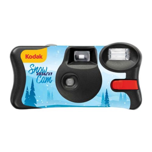 Kodak SnowCam disposable camera with blue winter design, built-in flash on the right and red shutter button, 2026/27 edition.