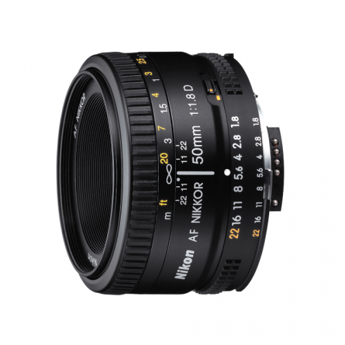 Nikon AF Nikkor 50mm f/1.8D camera lens viewed from the side, with focus and aperture rings visible
