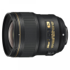 Nikon AF-S NIKKOR 28mm f/1.4E ED wide-angle camera lens shown from the side with gold-ring accents