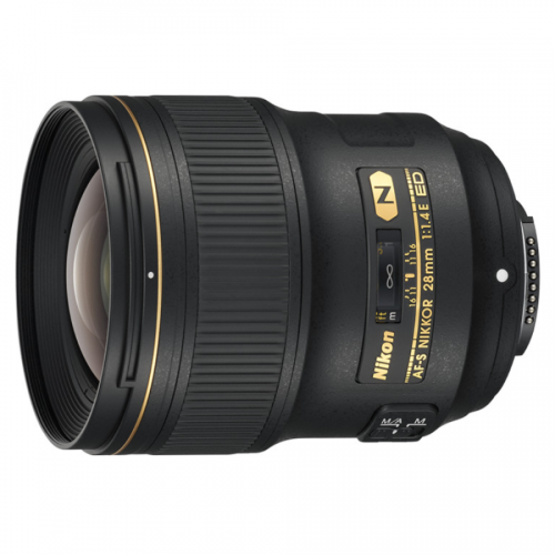 Nikon AF-S NIKKOR 28mm f/1.4E ED wide-angle camera lens shown from the side with gold-ring accents