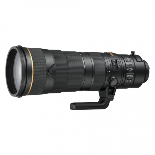Black telephoto camera lens with tripod collar and large front element against a white background.
