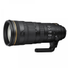 Black professional telephoto camera lens with a gold ring near the front and a tripod collar underneath.