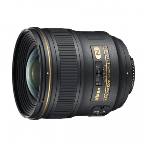Nikon AF-S NIKKOR 24mm f/1.4G ED wide-angle camera lens, side view with gold branding
