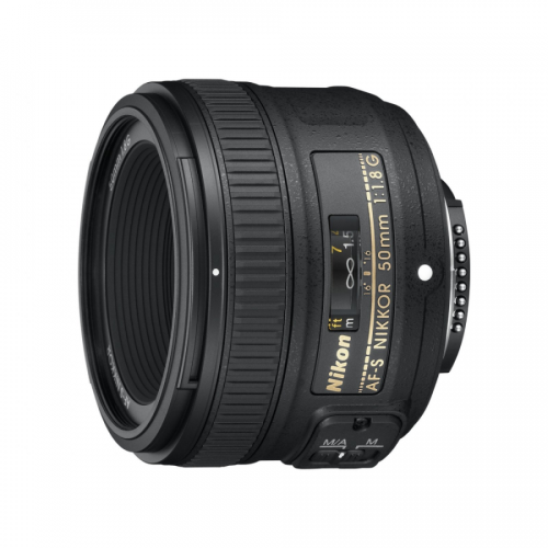Close-up of a Nikon AF-S NIKKOR 50mm f/1.8G lens, showing the side label and mount area