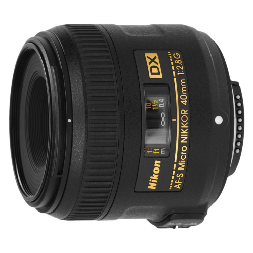 Nikon AF-S Micro NIKKOR 40mm f/2.8G macro lens shown in close-up, side view with focus scale visible on the barrel.