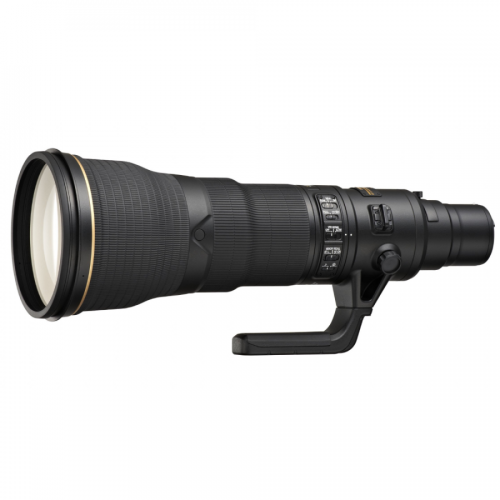 Long black telephoto camera lens with tripod collar viewed from the side