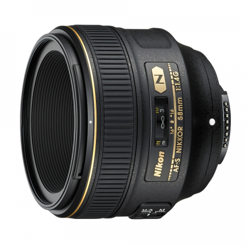 Nikon AF-S NIKKOR 58mm f/1.4G camera lens with a gold ring detail and focus scale window (black body).